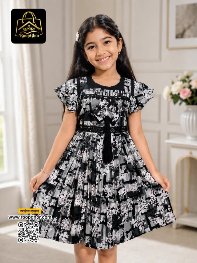 গার্লস ফ্লোরাল প্রিন্ট ফ্রক (৪ কালার) 30 Black - RoopGhor - রূপঘর
