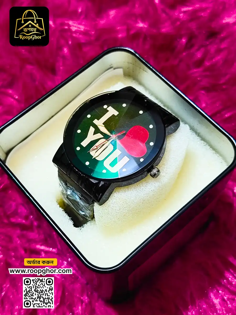 প্রিমিয়াম স্টাইলিশ লাভ থিম মেনস ওয়াচ (LOVE হার্ট ডায়াল) WM25 - L - black - RoopGhor - রূপঘর